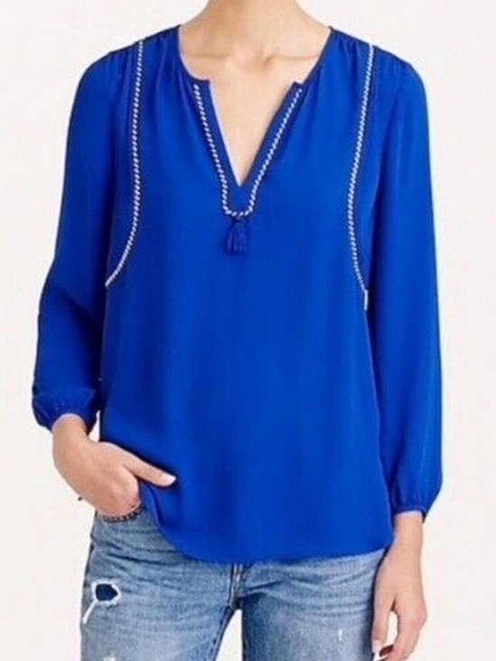 J. Crew Tops - J. Crew Cobalt Blue V-Neck Tassel Peasant Blouse